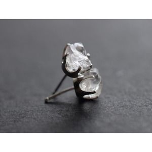 Sterling silver stud earrings, alternative diamond, uncut natural gemsto…